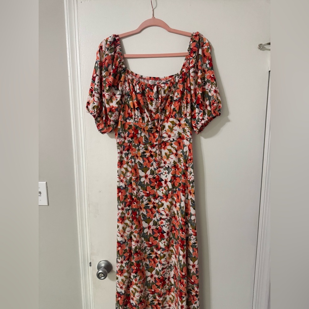 Floral Puff-Sleeve Maxi Dress with slit
